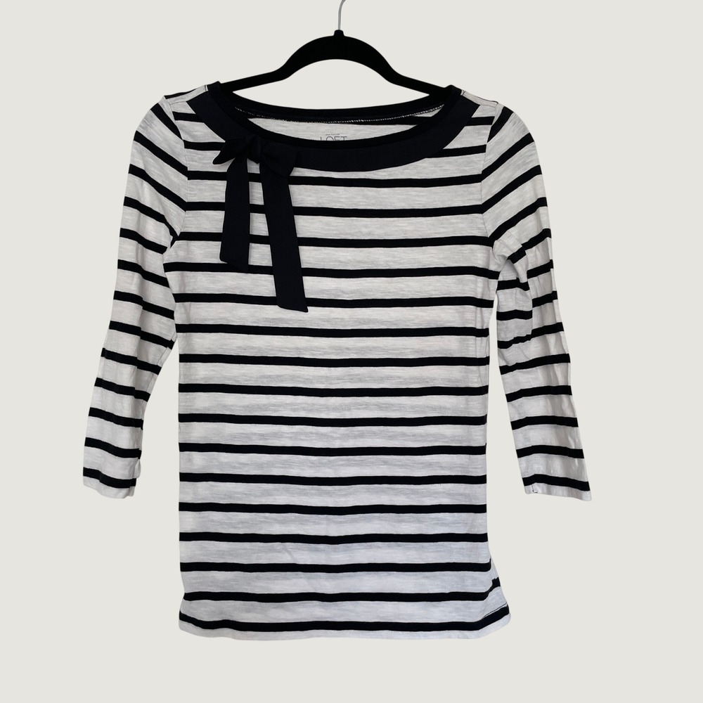 LOFT Striped Top Black White Bow 3/4 Sleeve Cotton Knit Sz S Nautical Preppy